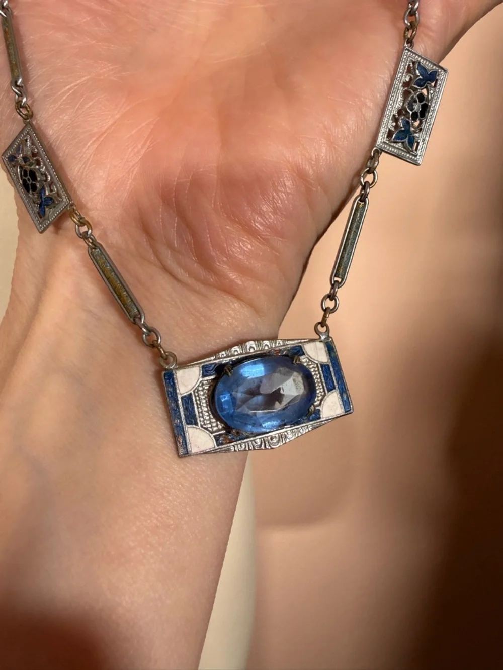 Antique Art Deco 1920 Blue Checho Glass Guilloche enamel choker Necklace - Picture 17 of 17